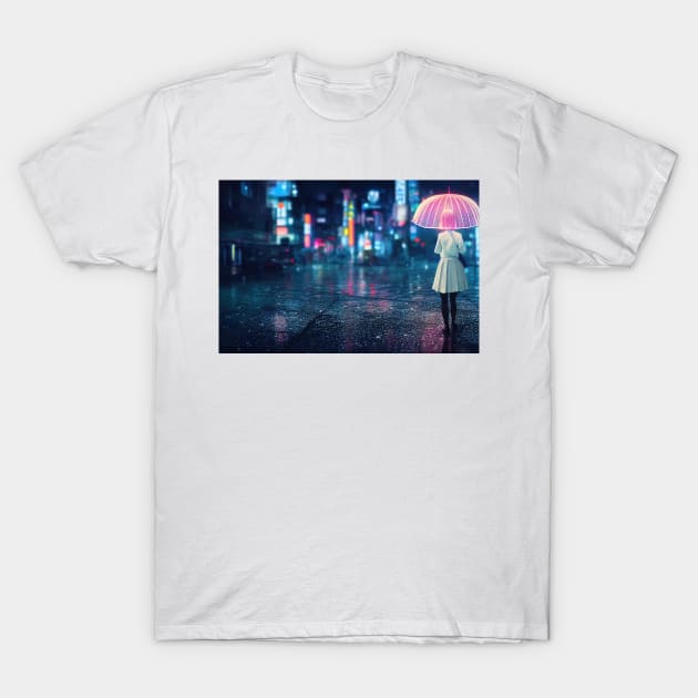 Girl walks at Asian city, Girl walks at cyberpunk city ,Girl walks at rain in city T-Shirt by DyeruArt